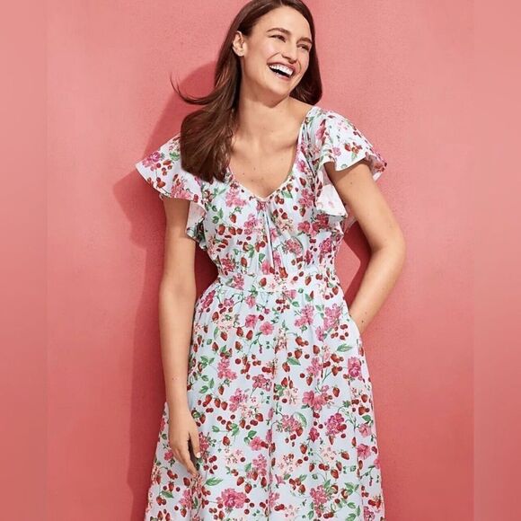 NEW Ann Taylor Strawberry Cherry Flutter Sleeve Flare Midi Dress Size 6 Petites - Picture 1 of 9